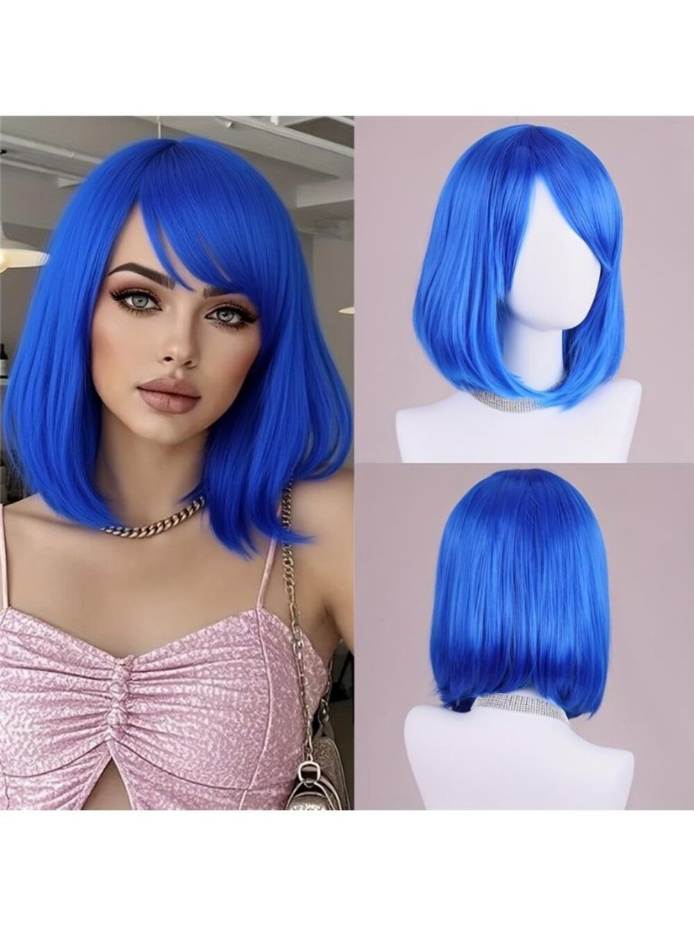 Royal Blue Short Straight Bob Wig with 12-inch Bangs, Suitable for Daily Wear